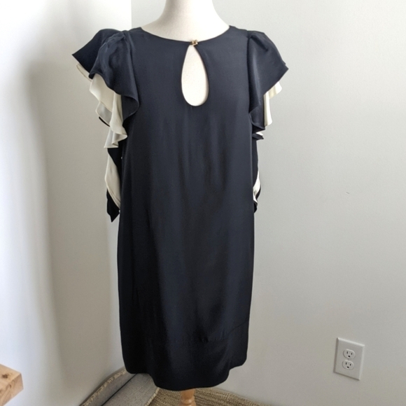 SILK Flutter Sleeve Low Back Black Midi Dress Keyhole S - Picture 4 of 15